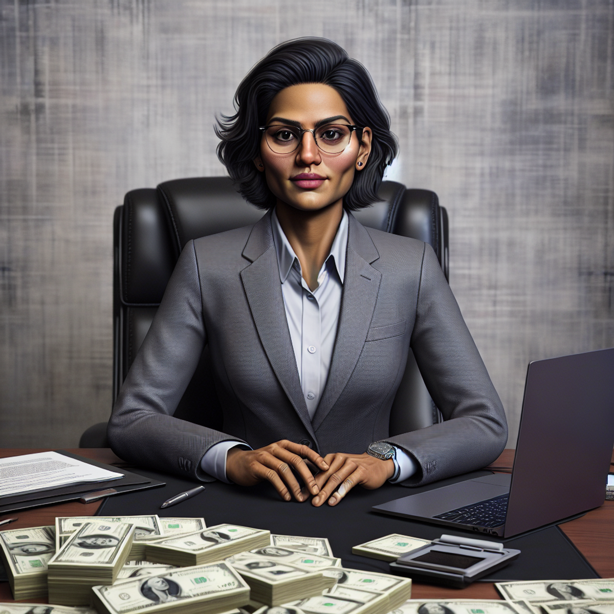 A genderfluid South Asian person in professional attire sits at a desk with a laptop to the right and a stack of currency bills to the left, symbolizing affluence and success.