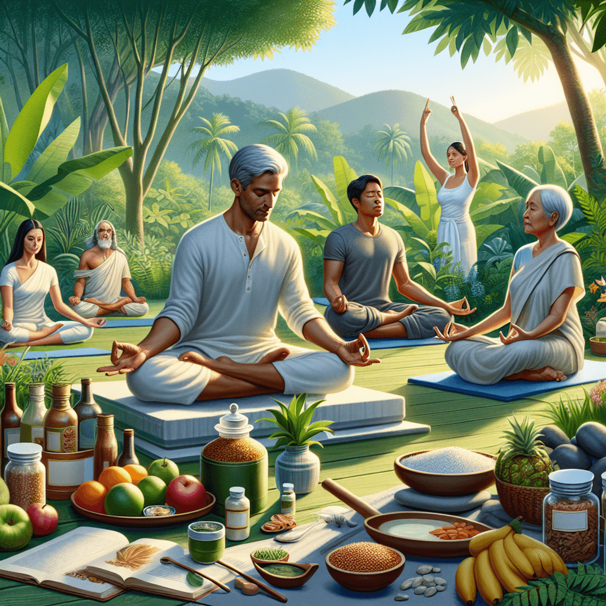 Joint Pain Treatment at Disha Arogya Dham 4 A serene outdoor Ayurvedic therapy session featuring a middle-aged Caucasian woman seated in a lotus position, a young Asian man meditating with closed eyes, and an elderly Hispanic individual gently stretching. The lush greenery surrounds them, while jars of herbal remedies and a spread of healthy foods like fruits, herbal teas, and grains are scattered around, embodying holistic health and wellness in a realistic style.