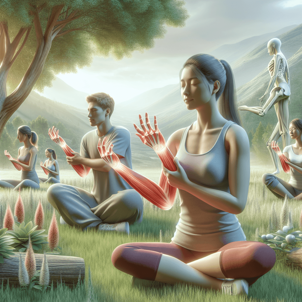 Joint Pain Treatment at Disha Arogya Dham 2 A Caucasian woman and a South Asian man practicing gentle stretching exercises outdoors, surrounded by lush greenery and natural elements, conveying a sense of tranquility and relaxation.