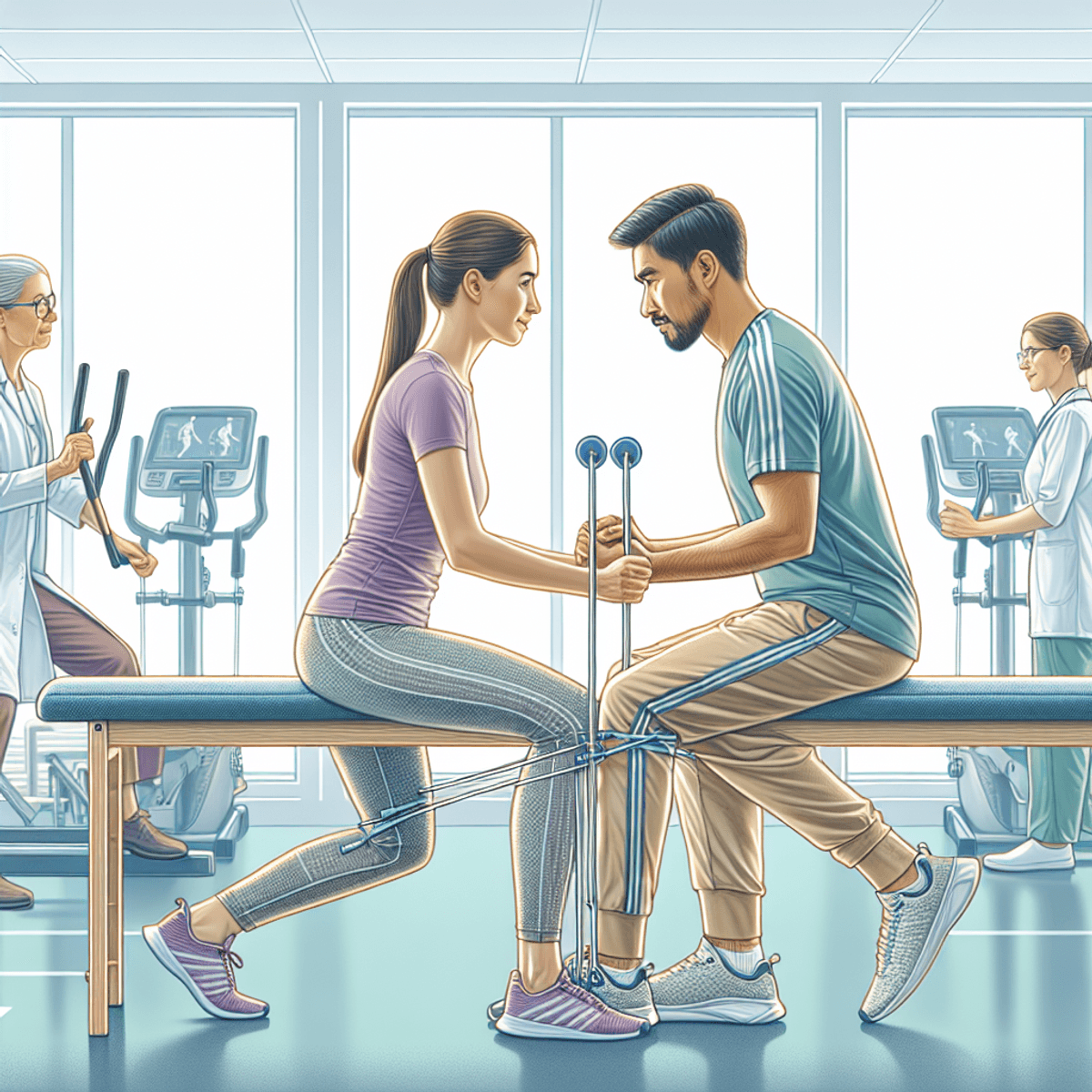 Joint Pain Treatment at Disha Arogya Dham 9 A bright rehabilitation center filled with various exercise equipment, featuring a Caucasian woman and an Asian man actively participating in a physical therapy session. The woman is performing an exercise on a balance board while the man supports her by holding her hand for stability. A dedicated therapist, a middle-aged Black woman, stands nearby, offering encouragement and guidance. The atmosphere is warm and inviting, with sunlight streaming through large windows, creating a sense of movement, support, and healing.