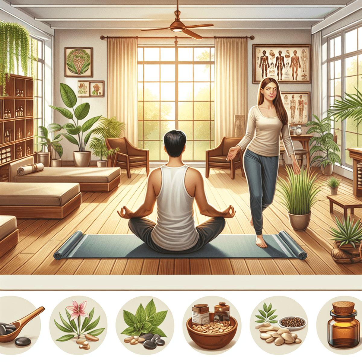 Joint Pain Treatment at Disha Arogya Dham 8 A calming Ayurvedic clinic with a Caucasian woman practicing yoga on a mat, her posture serene and focused. Nearby, a Hispanic man lies on a treatment table, receiving care for joint pain, surrounded by soothing herbal remedies displayed on wooden shelves. Lush green plants are scattered throughout the space, adding to the tranquil atmosphere. Warm natural light streams in through large windows, illuminating the peaceful environment and enhancing the sense of healing and wellness.