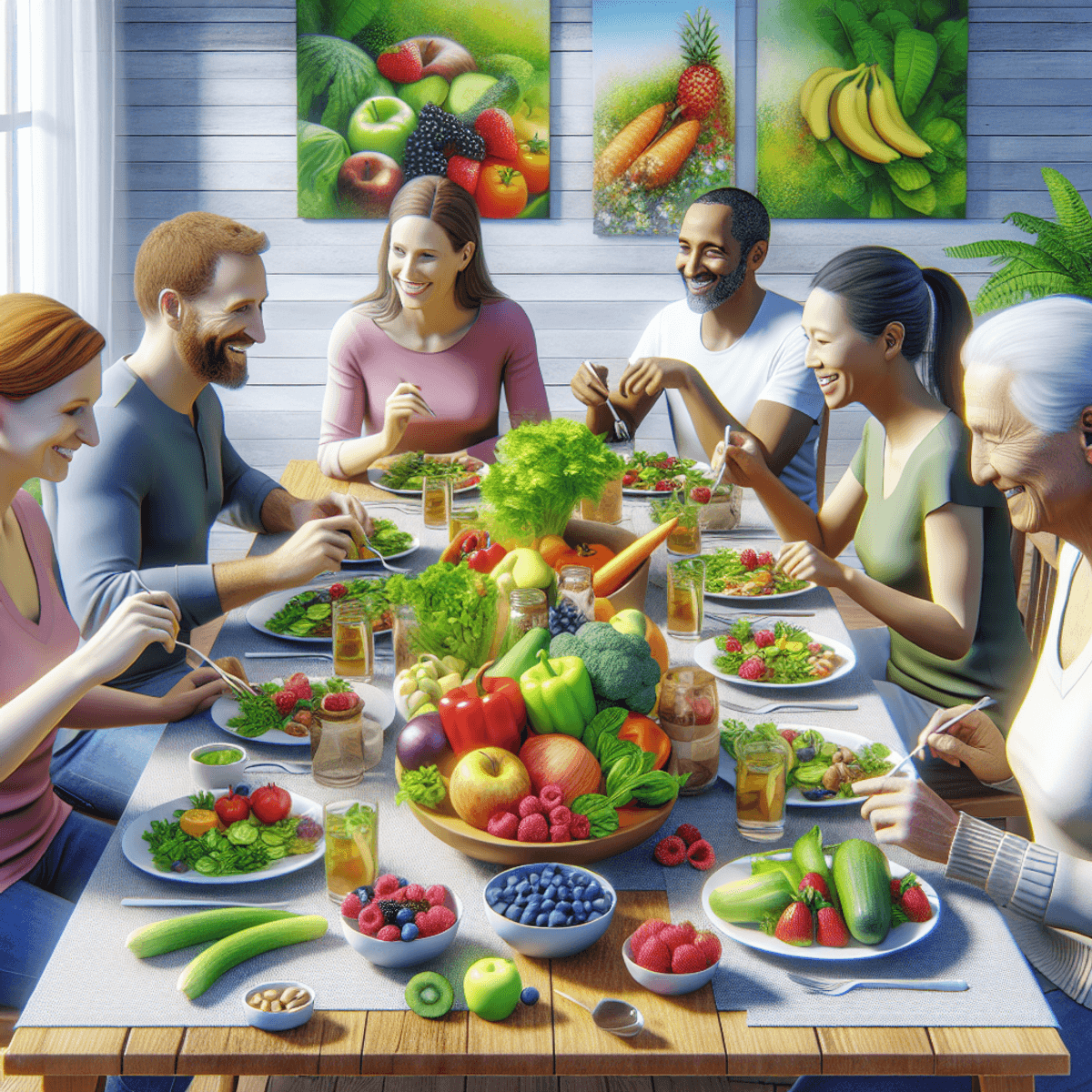 Joint Pain Treatment at Disha Arogya Dham 5 A diverse group of three individuals seated around a dining table, sharing a healthy meal. The group includes one Caucasian person, one Hispanic person, and one Asian person. Their plates are filled with colorful anti-inflammatory foods like leafy greens, assorted berries, and various nuts. The scene radiates joy and camaraderie, emphasizing their collective commitment to wellness and a healthy lifestyle.