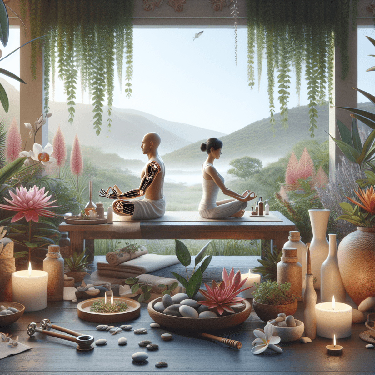 Joint Pain Treatment at Disha Arogya Dham 3 A serene wellness center featuring a Caucasian woman and an Asian man practicing yoga and meditation on natural wooden mats. They are surrounded by lush green plants, vibrant flowers, and soft natural light filtering through large windows. The atmosphere is calming, with elements like stones, water features, and essential oils enhancing the holistic vibe. The scene conveys tranquility and a connection to nature, emphasizing a peaceful approach to health and well-being.