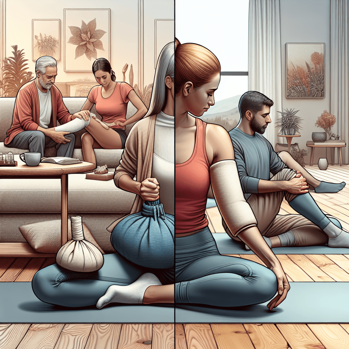Joint Pain Treatment at Disha Arogya Dham 7 A cozy living room with warm lighting featuring a Caucasian person sitting on a sofa, applying a hot compress to their knee, and a Hispanic individual on a yoga mat nearby, performing gentle stretches for knee pain relief.