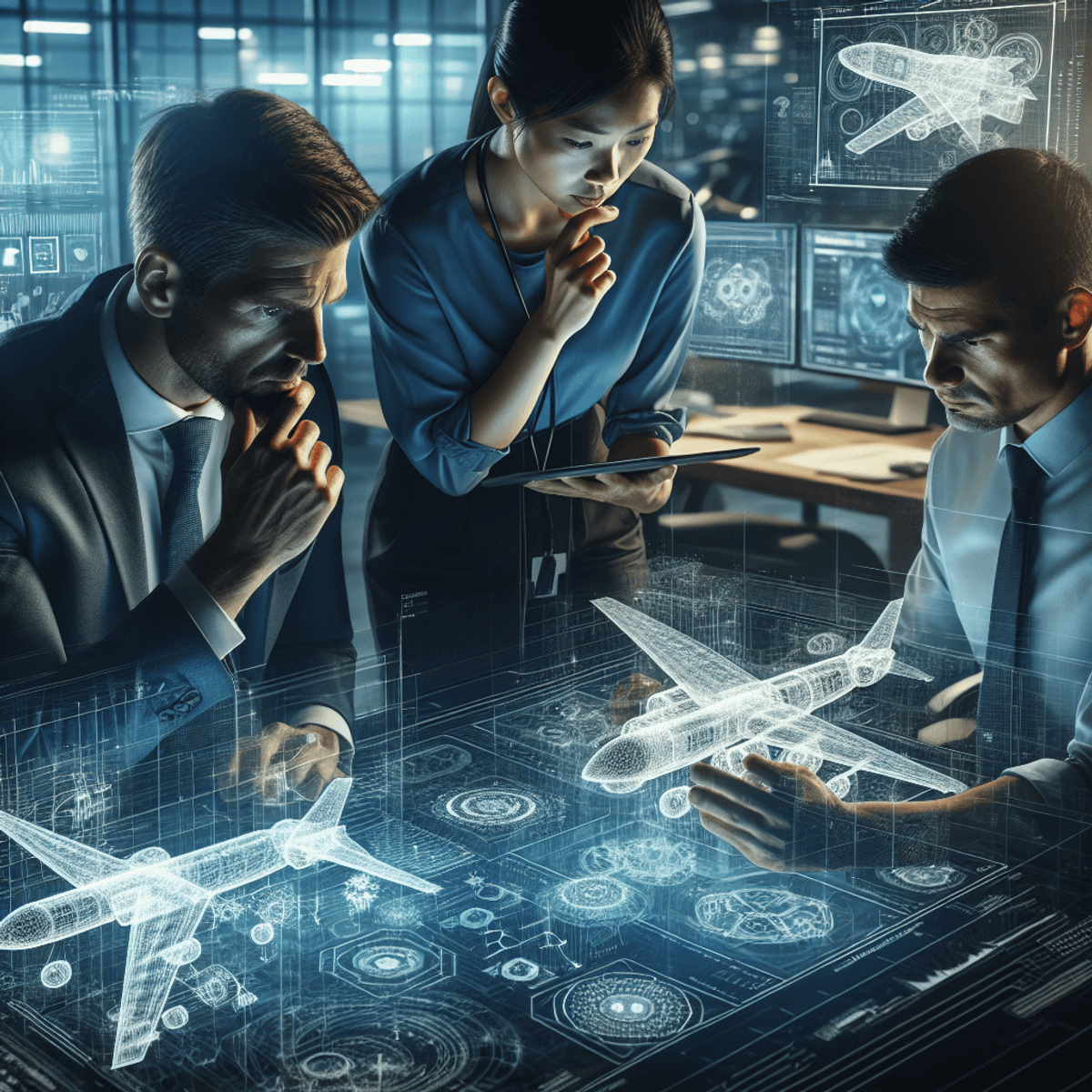 Three engineers engaged in a collaborative discussion in a modern office environment. A focused Caucasian male engineer examines a 3D model, an Asian female engineer calculates data on her tablet, and a dedicated Hispanic male engineer reviews specifications on a hover layout. The workspace features digital screens displaying intricate engineering software designs and abstract aerospace blueprints, creating an atmosphere of innovation and teamwork in the aerospace industry.