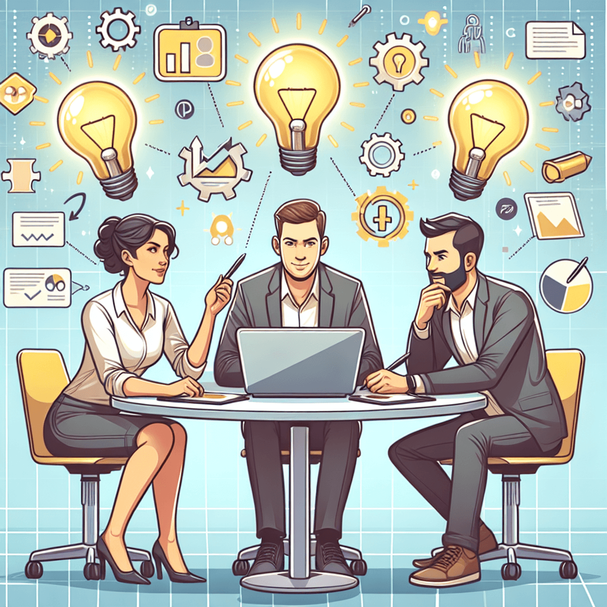 A cartoon-style illustration of three individuals engaged in a brainstorming session around a round table. A Caucasian woman, an Asian man, and a Hispanic man are focused on their laptops and notepads. Light bulbs hover above their heads, signifying creativity. Surrounding them are symbols representing persuasion, engagement, and action, such as arrows, gears, and light beams. The backdrop features a bright and modern digital workspace with sleek furniture and vibrant colors.