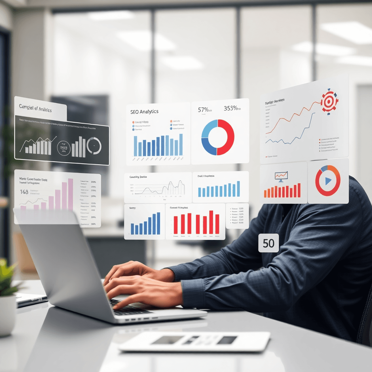 A digital marketer analyzing website data on a laptop, surrounded by colorful charts and graphs representing SEO analytics in a modern office setting.