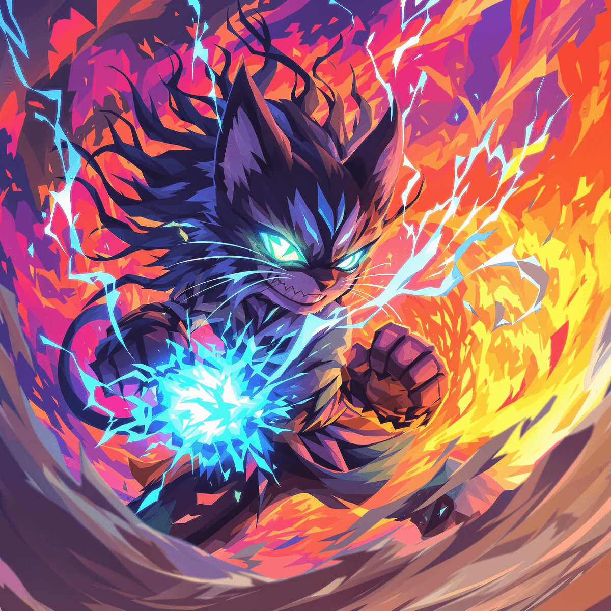 Anime-style cat-like warrior with glowing eyes and energy aura in dynamic battle pose against a vibrant, abstract background.
