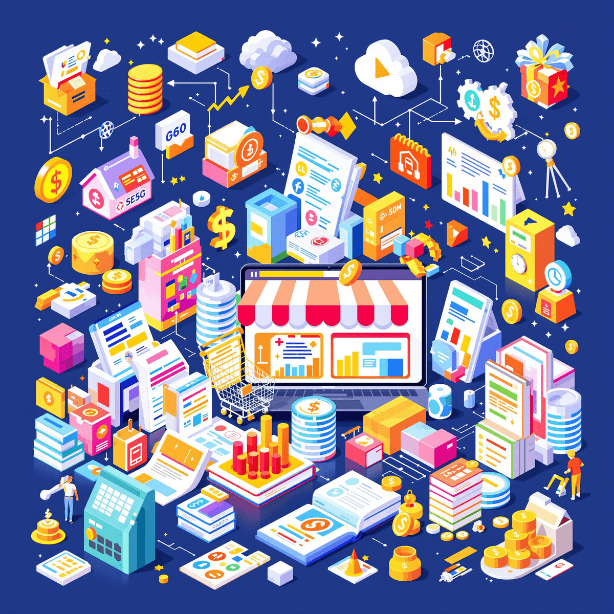 एक जीवंत डिजिटल मार्केटप्लेस जो ई-बुक्स, ऑनलाइन पाठ्यक्रमों और सॉफ्टवेयर टूल्स को प्रदर्शित करता है, जिसमें शॉपिंग कार्ट और डॉलर के चिन्ह हैं, उज्ज्वल रंग पैलेट में विकास और अवसर को उजागर करता है।