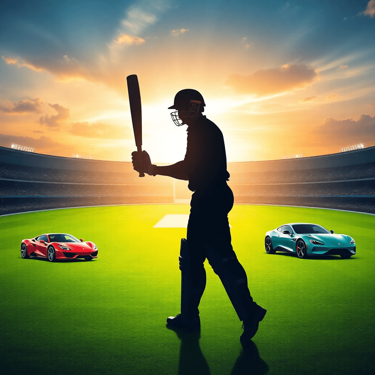 A cricket field with a silhouette of a cricketer holding a bat, surrounded by dollar signs, luxury cars, and investment graphs, illustrating cricket and wealth creation.