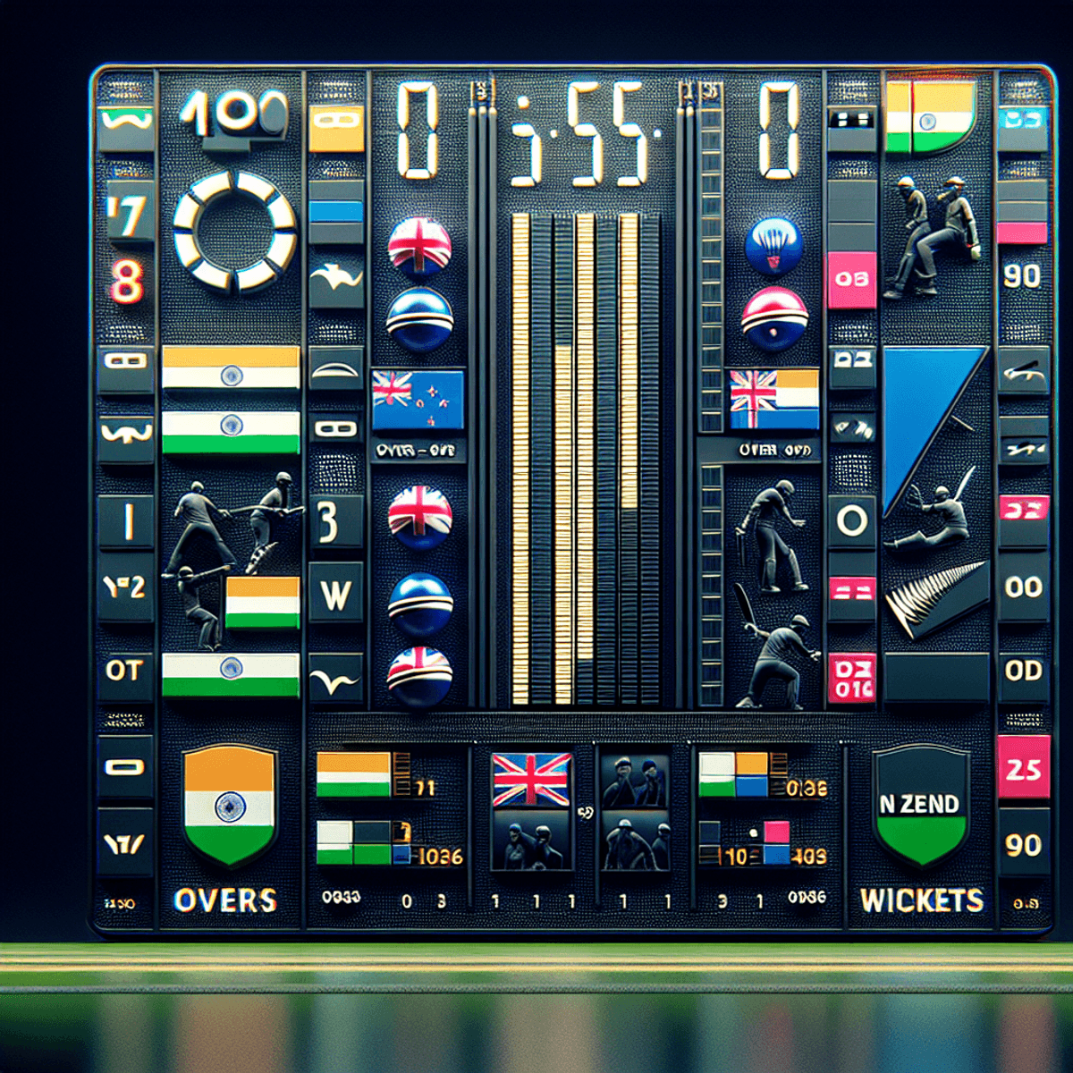 Alt text: A close-up image of a realistic cricket scoreboard with player icons, team insignias, overs, wickets symbols, and fluctuating bars denoting the team's scores.