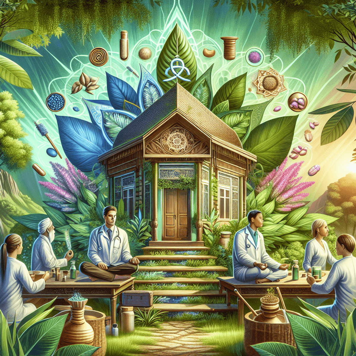 DAD Ayurveda Cancer Book 3 A serene Ayurvedic healthcare center surrounded by lush greenery, featuring a Caucasian male and an Asian female engaged in a discussion about wellness practices. The scene includes vibrant herbal plants and traditional Ayurvedic tools, all contributing to an atmosphere of tranquility and holistic health.