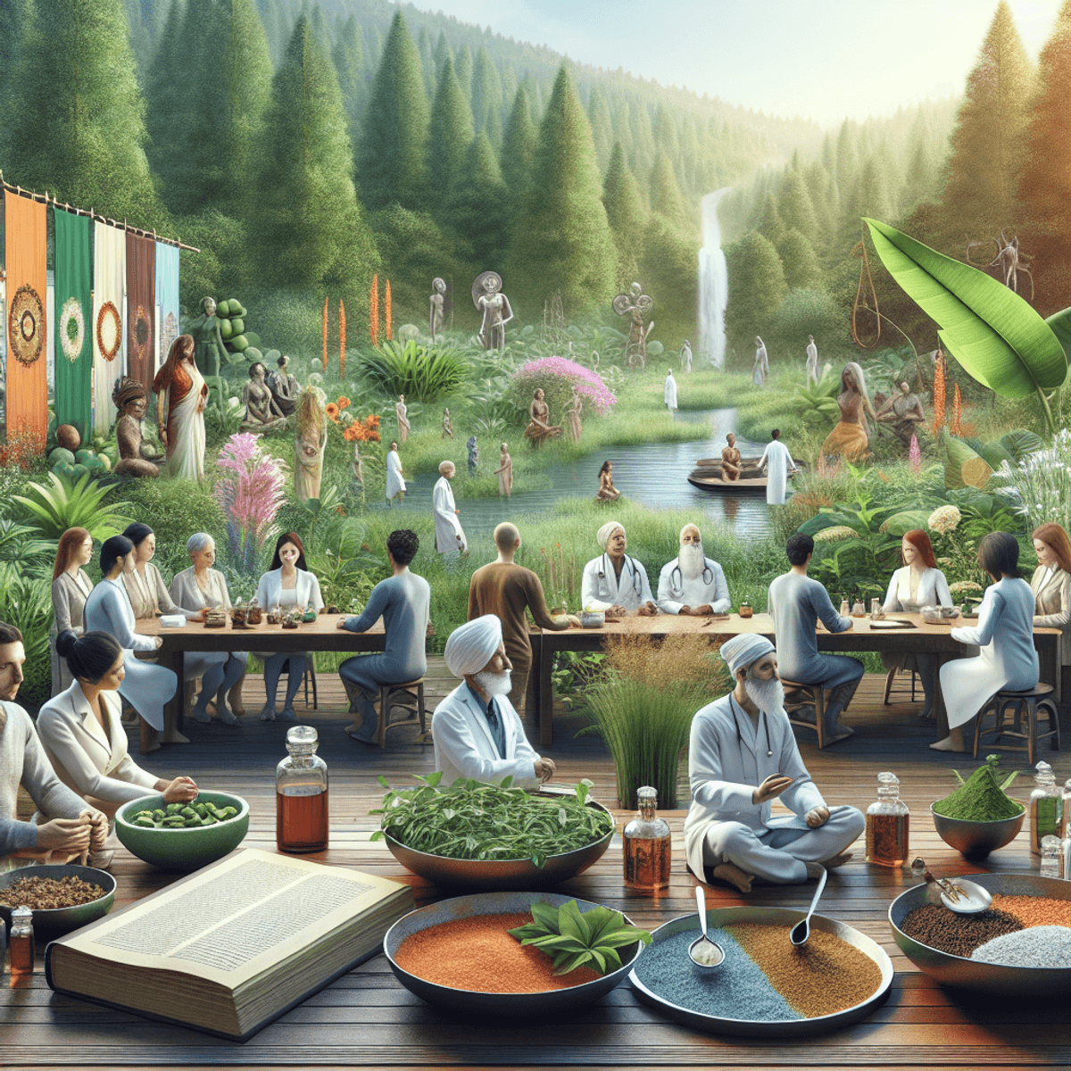 DAD Ayurveda Cancer Book 5 A serene Ayurvedic clinic featuring diverse individuals engaged in discussions about holistic health, surrounded by herbal concoctions, traditional Ayurvedic texts, and lush greenery, symbolizing the integration of Ayurveda in cancer treatment.