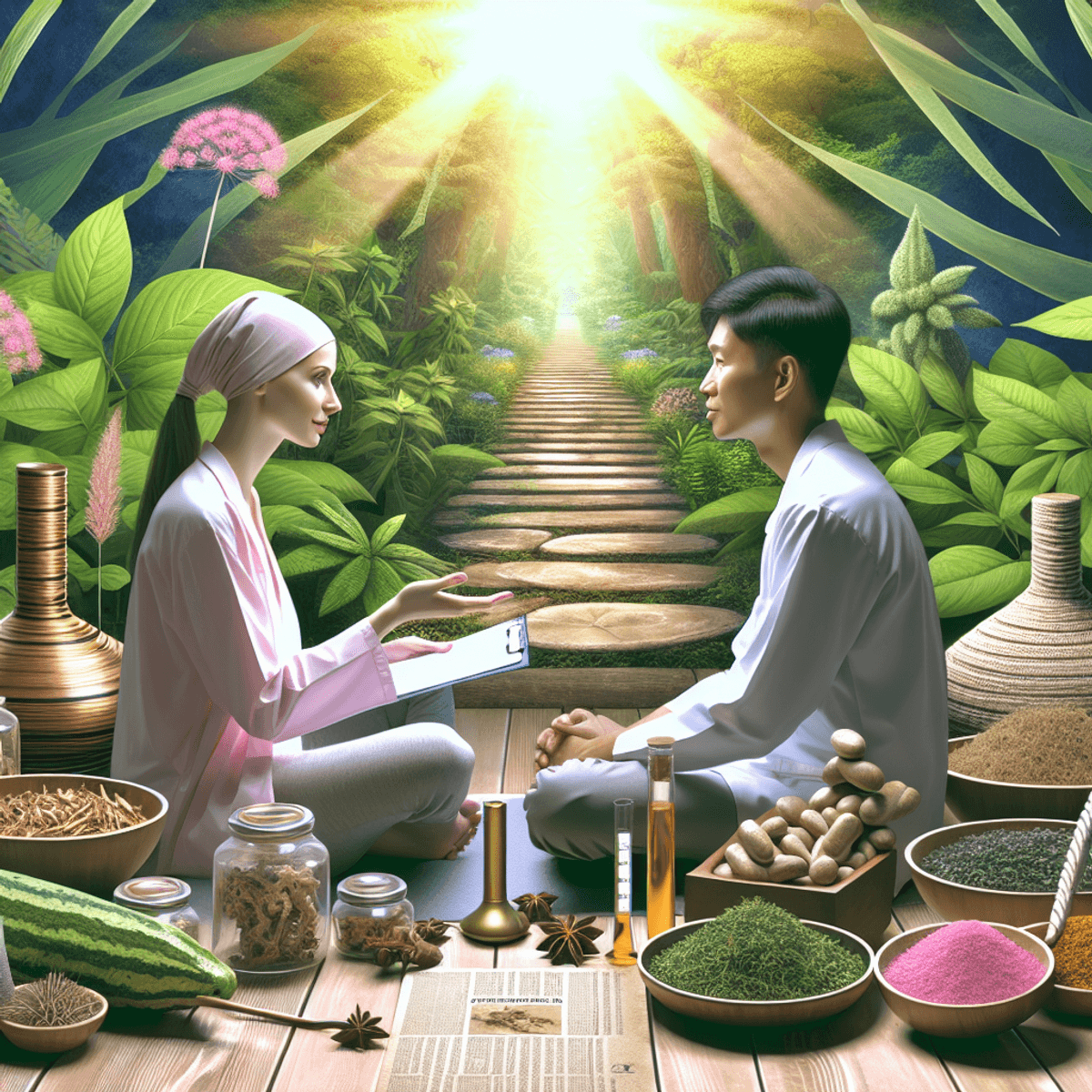 DAD Ayurveda Cancer Book 2 A serene Ayurvedic therapeutic setting featuring a Caucasian woman and an Asian man engaged in a thoughtful discussion. The background is lush with various herbal plants, exuding a sense of natural healing. Traditional Ayurvedic tools like wooden massage tables, oil jars, and dried herbs are artfully arranged around them, enhancing the atmosphere of comprehensive care and wellness. Soft, warm lighting adds to the tranquil ambiance, creating a peaceful environment for their conversation about cancer therapies.