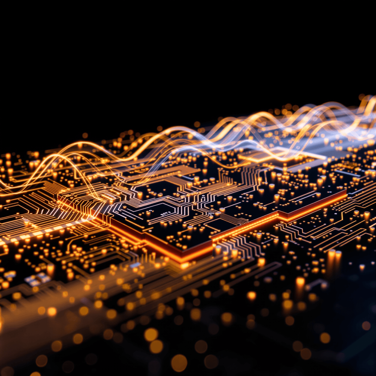 Close-up of a multilayer high-frequency PCB with fine copper traces and vias, surrounded by glowing waves on a dark background, highlighting advanced technology.
