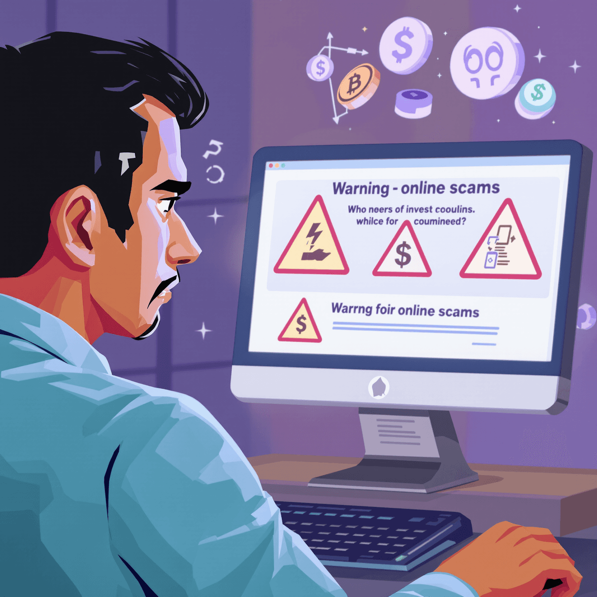 A concerned investor analyzing a computer screen with warning signs of online scams, symbols of money and cryptocurrency in the background.