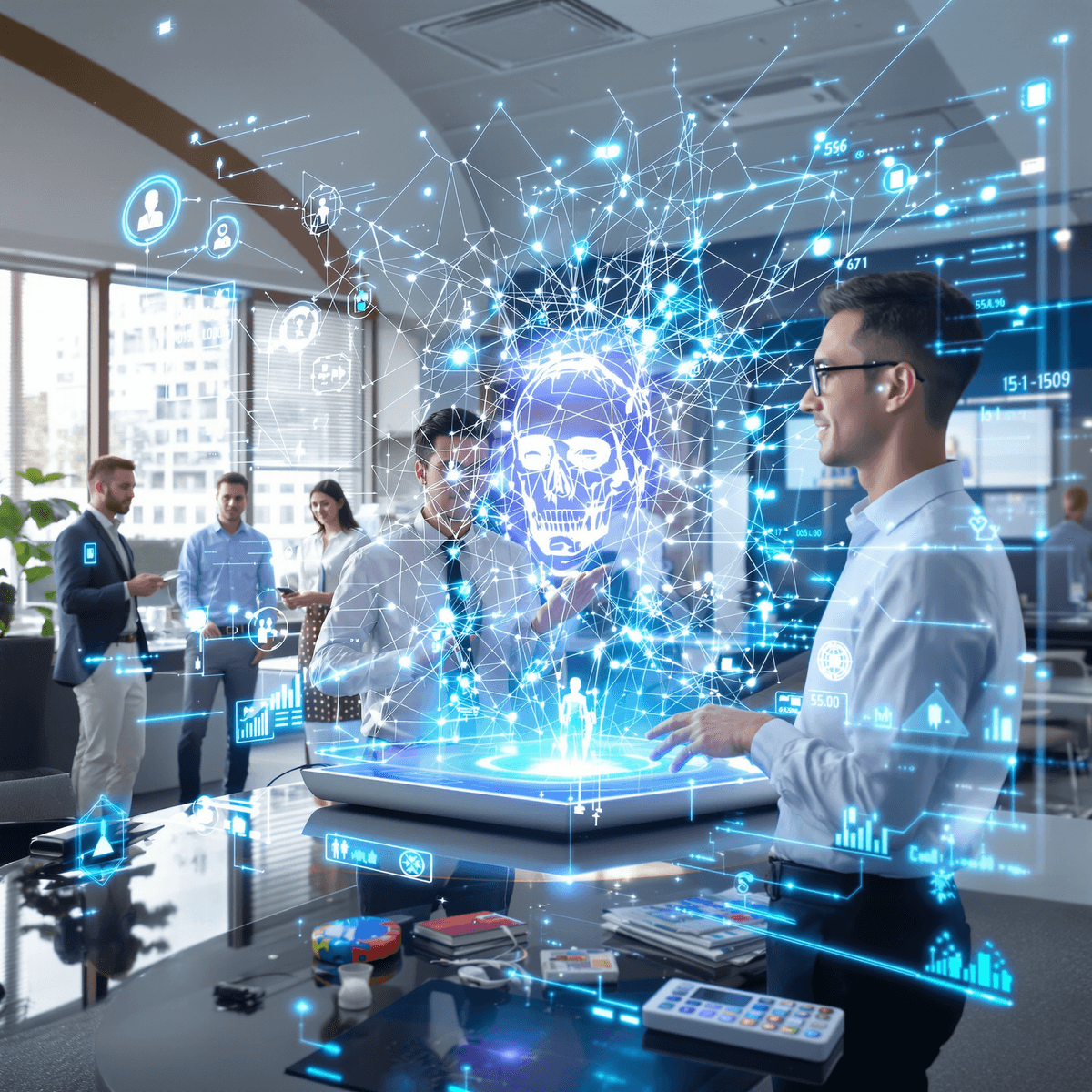 Profissionais colaborando em torno de uma interface holográfica elegante que exibe padrões de rede neural brilhantes e fluxos de dados em um escritório futurista e iluminado.