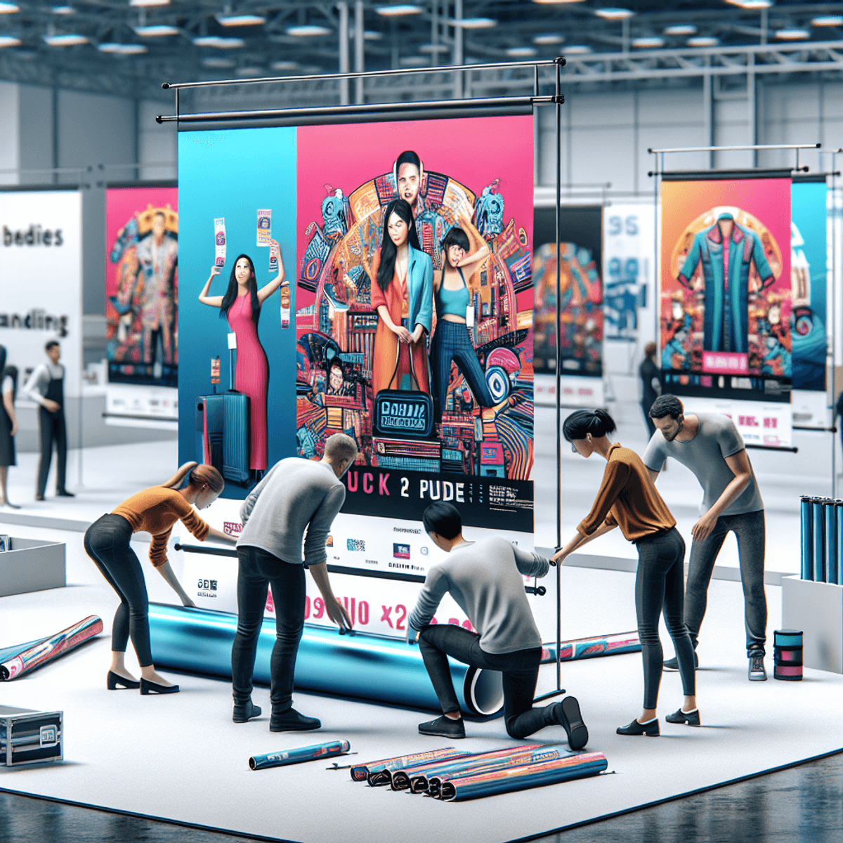 A diverse group of individuals, including a Caucasian woman and an Asian man, collaboratively setting up colorful roller banners at a bustling trade show. The scene captures the vibrant graphics on the banners, designed to attract attention, amidst a busy exhibition area filled with activity and various trade show elements.