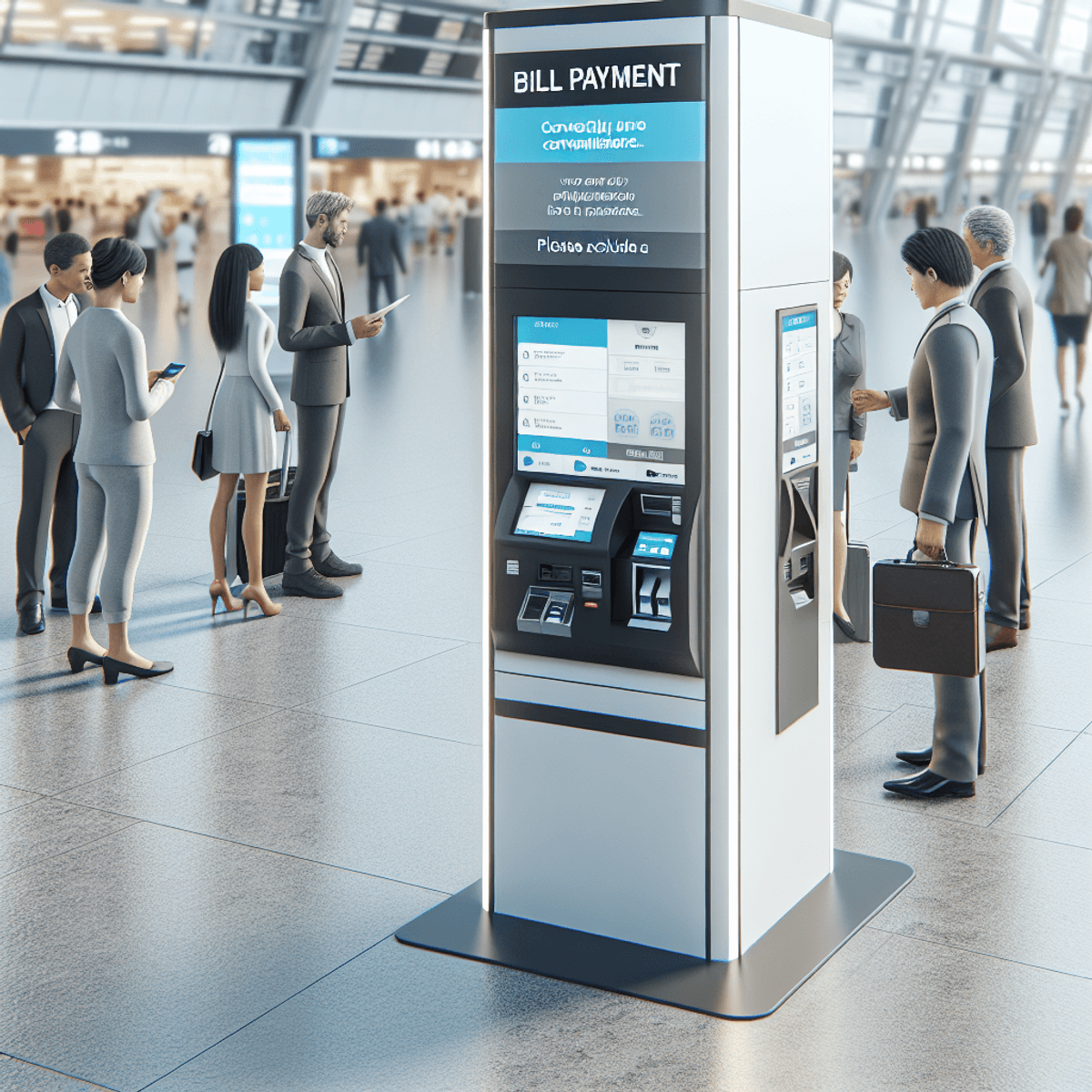 A modern bill payment kiosk in a busy airport terminal, surrounded by a diverse group of people. A Caucasian male is standing in front of the kiosk, interacting with the touchscreen. A Hispanic female is observing him while holding her phone, and an Asian elderly individual is patiently waiting nearby. The kiosk features sleek design elements with icons and symbols representing various payment options. The background shows travelers with luggage and bustling activity, highlighting the convenience and efficiency of self-service technology in a public setting.