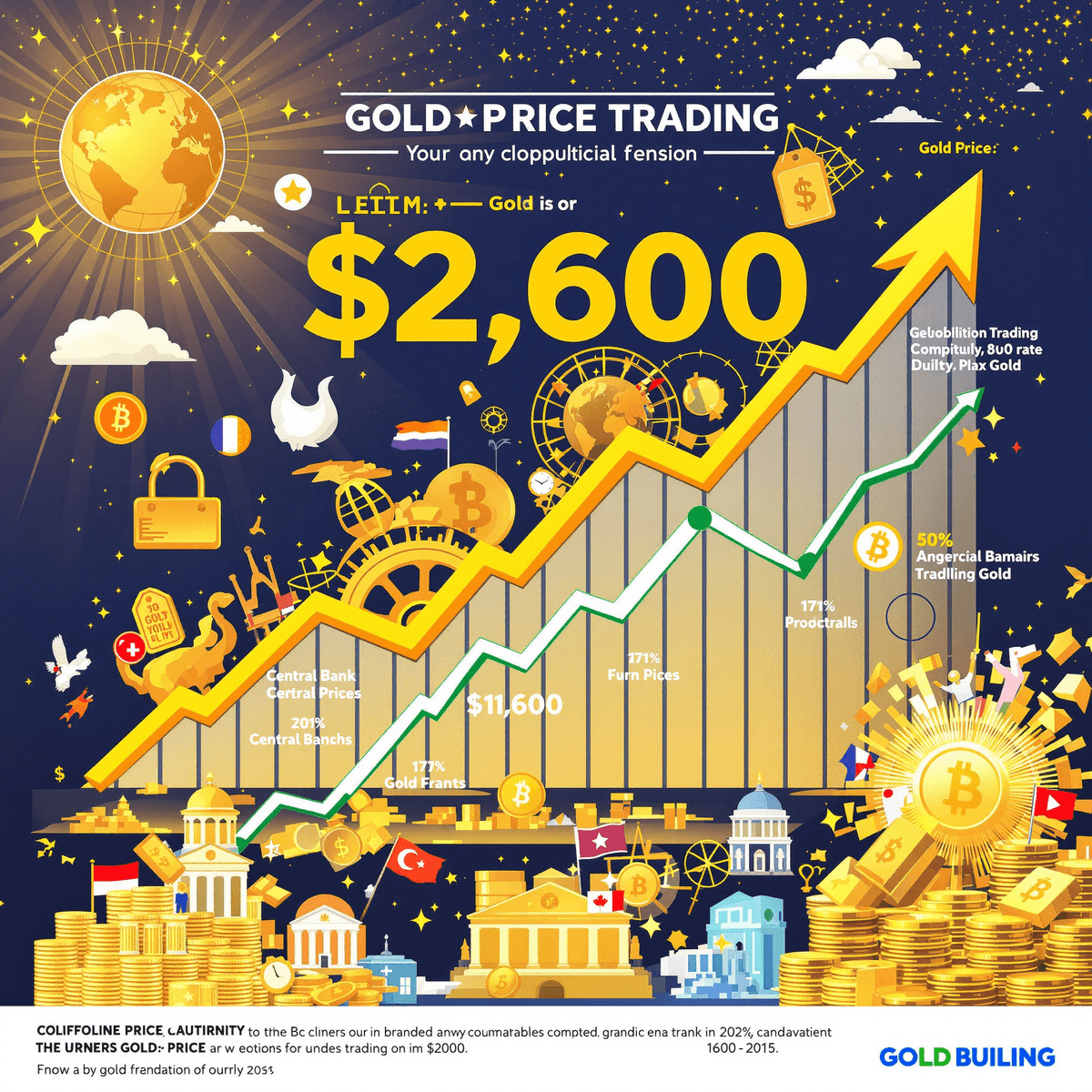 A vibrant graphic featuring a rising gold price chart at $2,600, with symbols of geopolitical tension and central banks, reflecting optimism in the gold trading market.