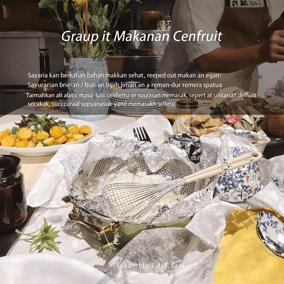 Meja dapur penuh dengan berbagai bahan makanan sehat, termasuk sayuran segar, buah-buahan, biji-bijian, rempah-rempah, panci, dan spatula yang berwarna-warni.