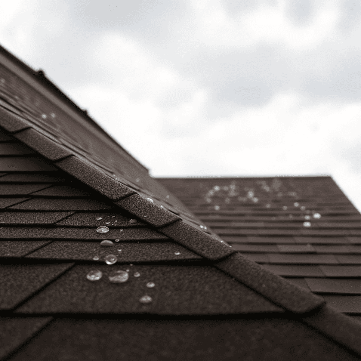 Close-up of a suburban house roof with water droplets and wear, under a cloudy sky, highlighting the need for timely roof repair and maintenance.