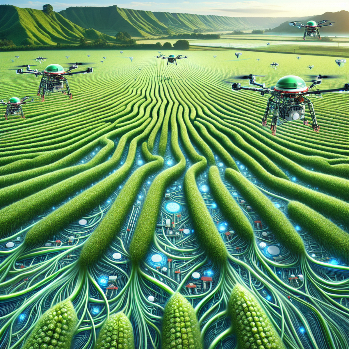 Aerial view of futuristic agricultural field with embedded technology and hovering drones.