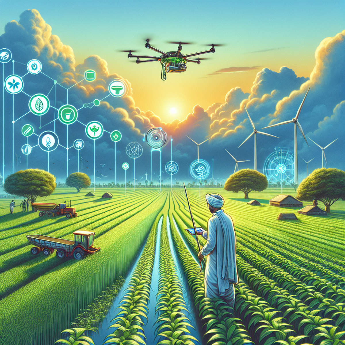 A South Asian farmer uses modern technology to monitor lush green fields, emphasizing precision farming and conservation of resources.