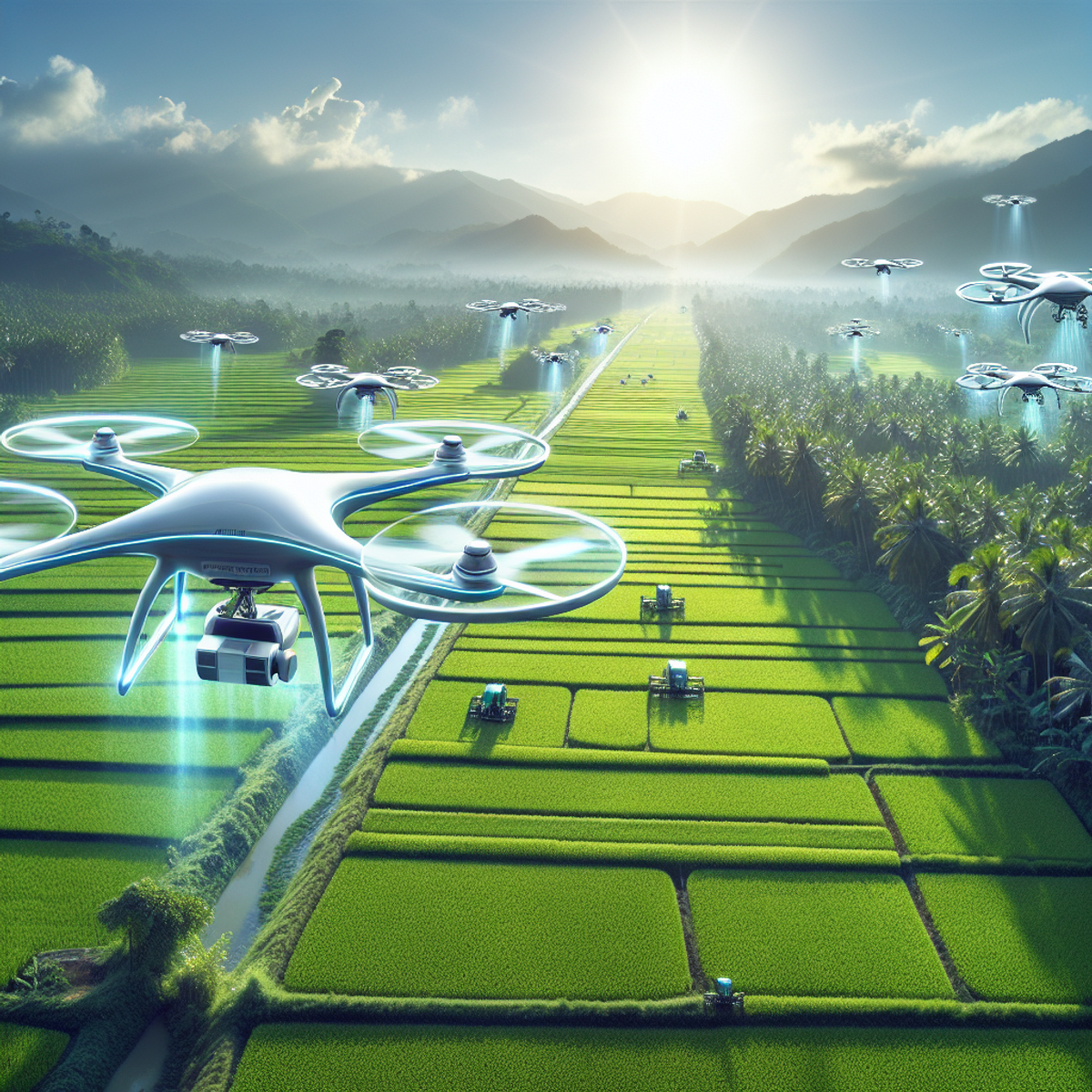 Aerial view of modern farm with advanced drones monitoring the fields.