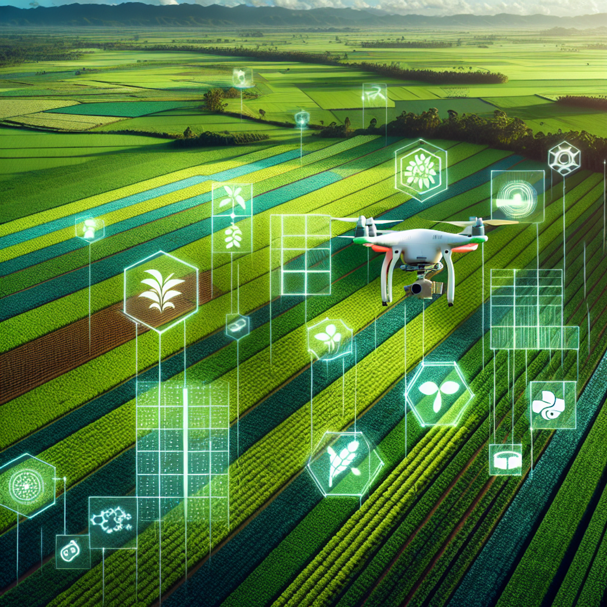 A drone flying over a field, monitoring crops and soil health.