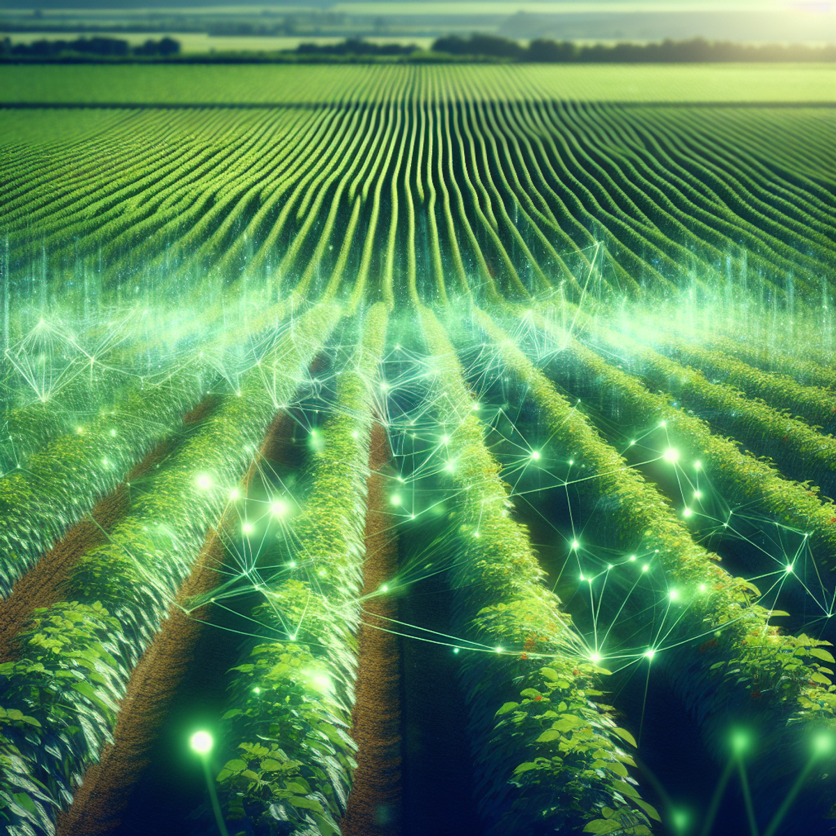 A digitally enhanced farm field with glowing data points interwoven among the crops.