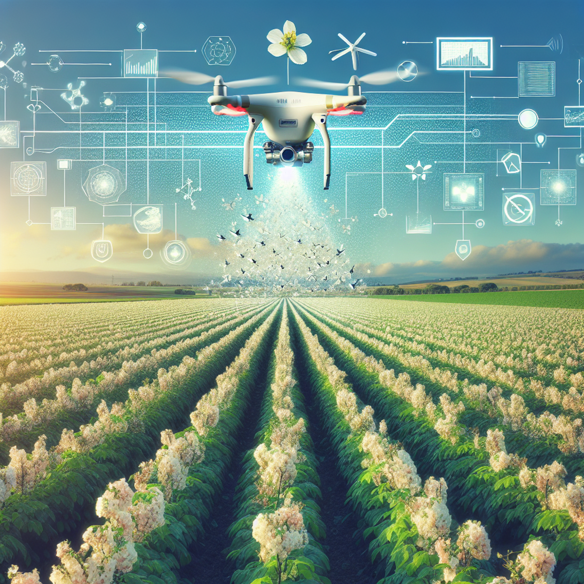 Aerial view of a drone flying over a lush, green crop field on a sunny day.
