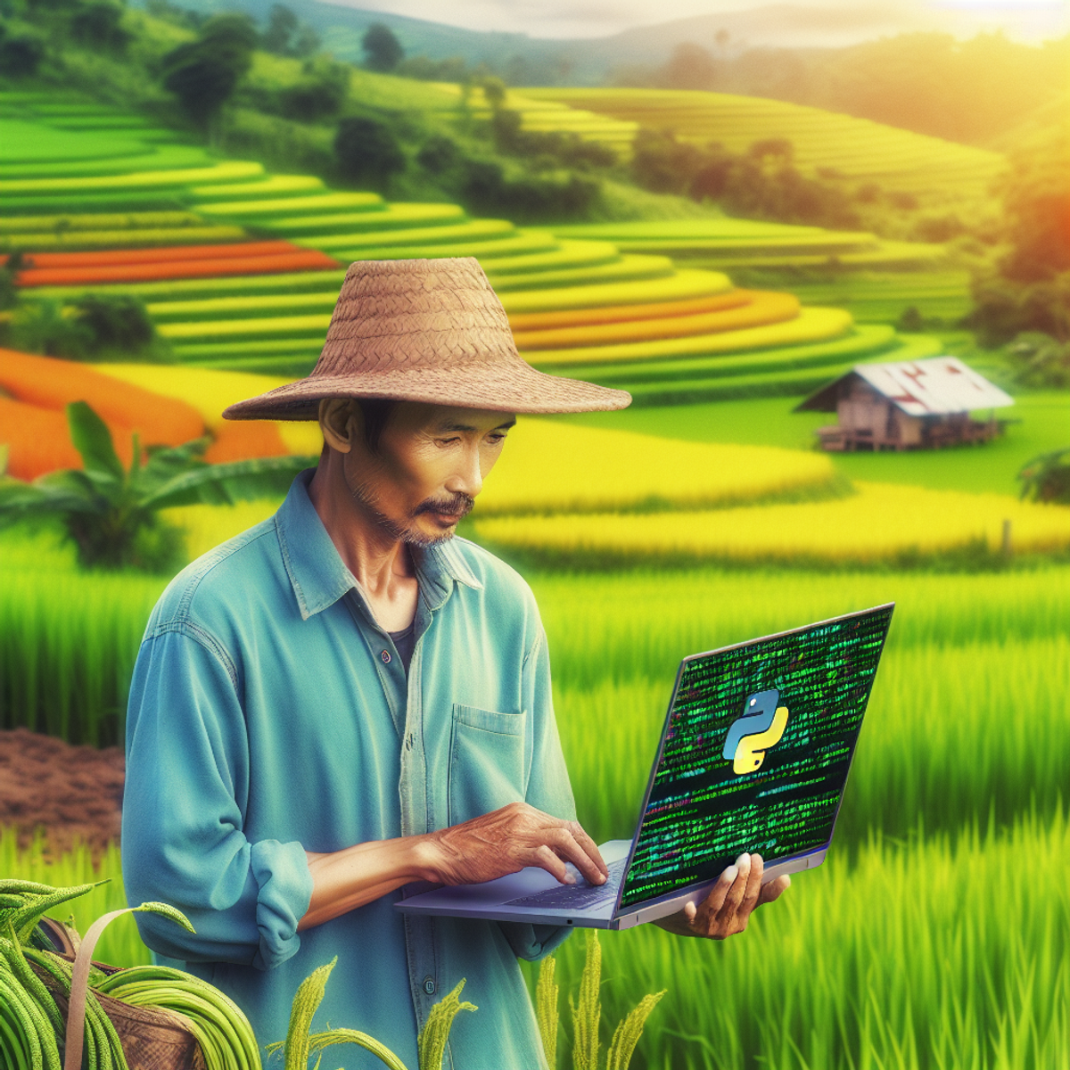 An Asian male farmer working in a lush green field with a modern laptop, symbolizing the use of Python code.