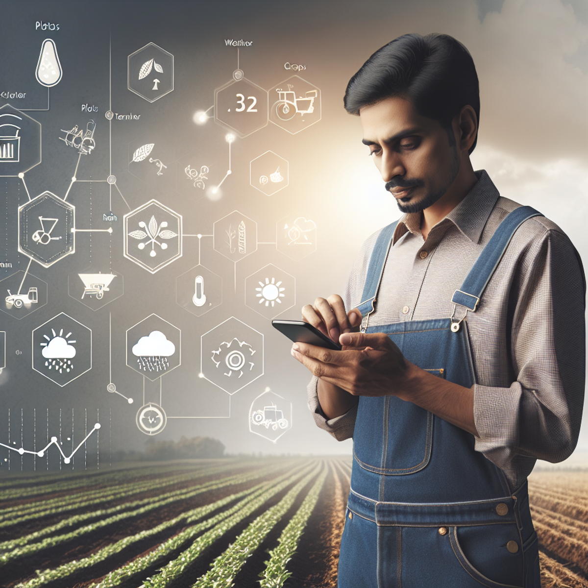 A South Asian male farmer using a smartphone to monitor and control agricultural processes, surrounded by fields, crops, and farming equipment. The phone shows symbols for plots, weather temperature, rain or sunshine icons.