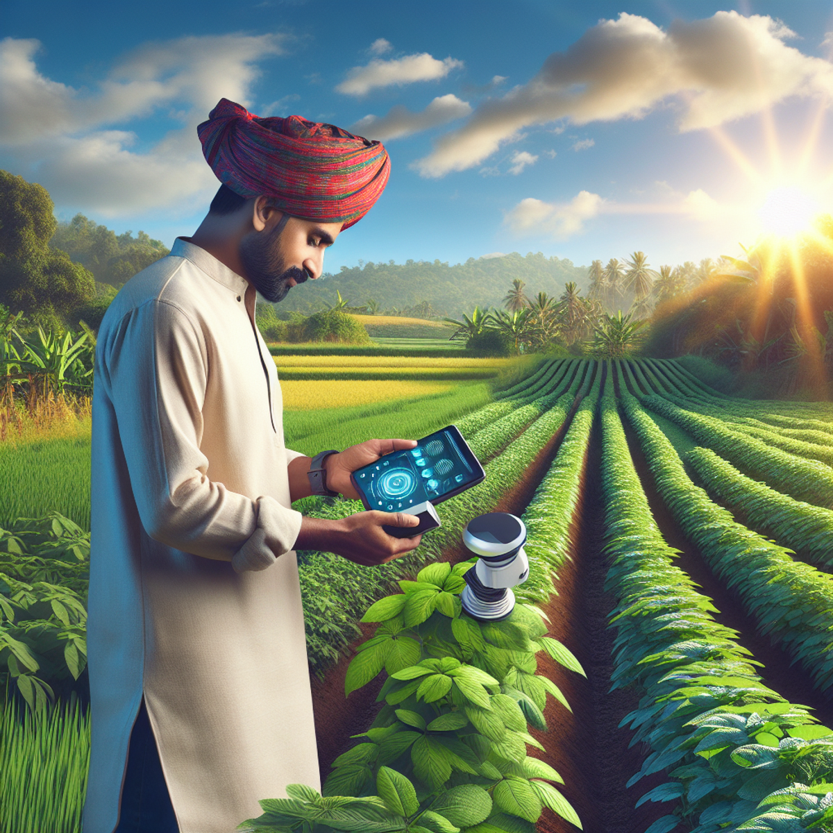 An Indian male farmer using modern technology to check crops in a lush, diverse agricultural landscape.
