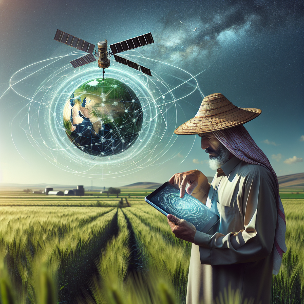 A GPS satellite hovers in the sky above a farmer studying coordinates on a tablet in a lush field.