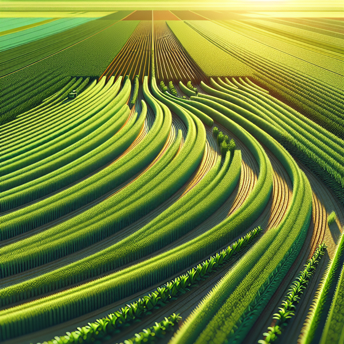 Aerial view of a lush green field with neat rows of crops.