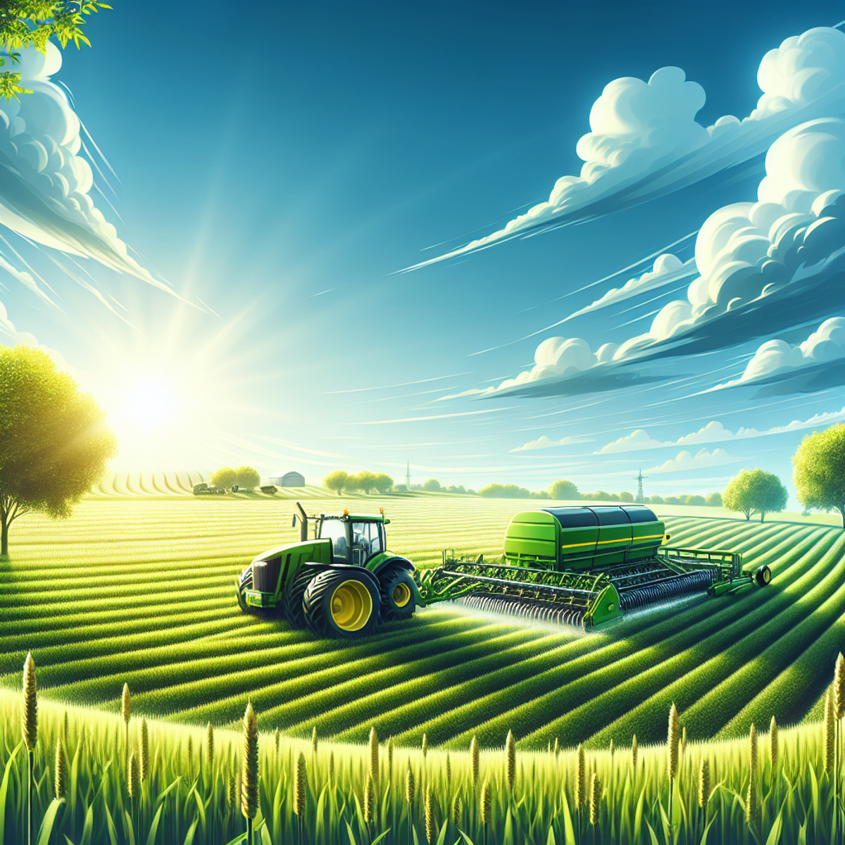 Agricultural machinery working in a vibrant green field under a clear sky.