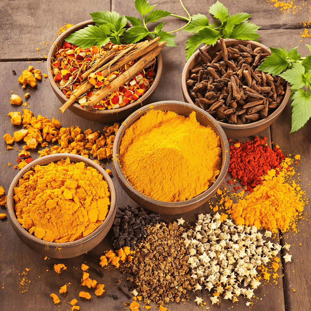 Colorful spices in rustic bowls on a wooden table, featuring turmeric, paprika, and cloves with some loose spices scattered around.
