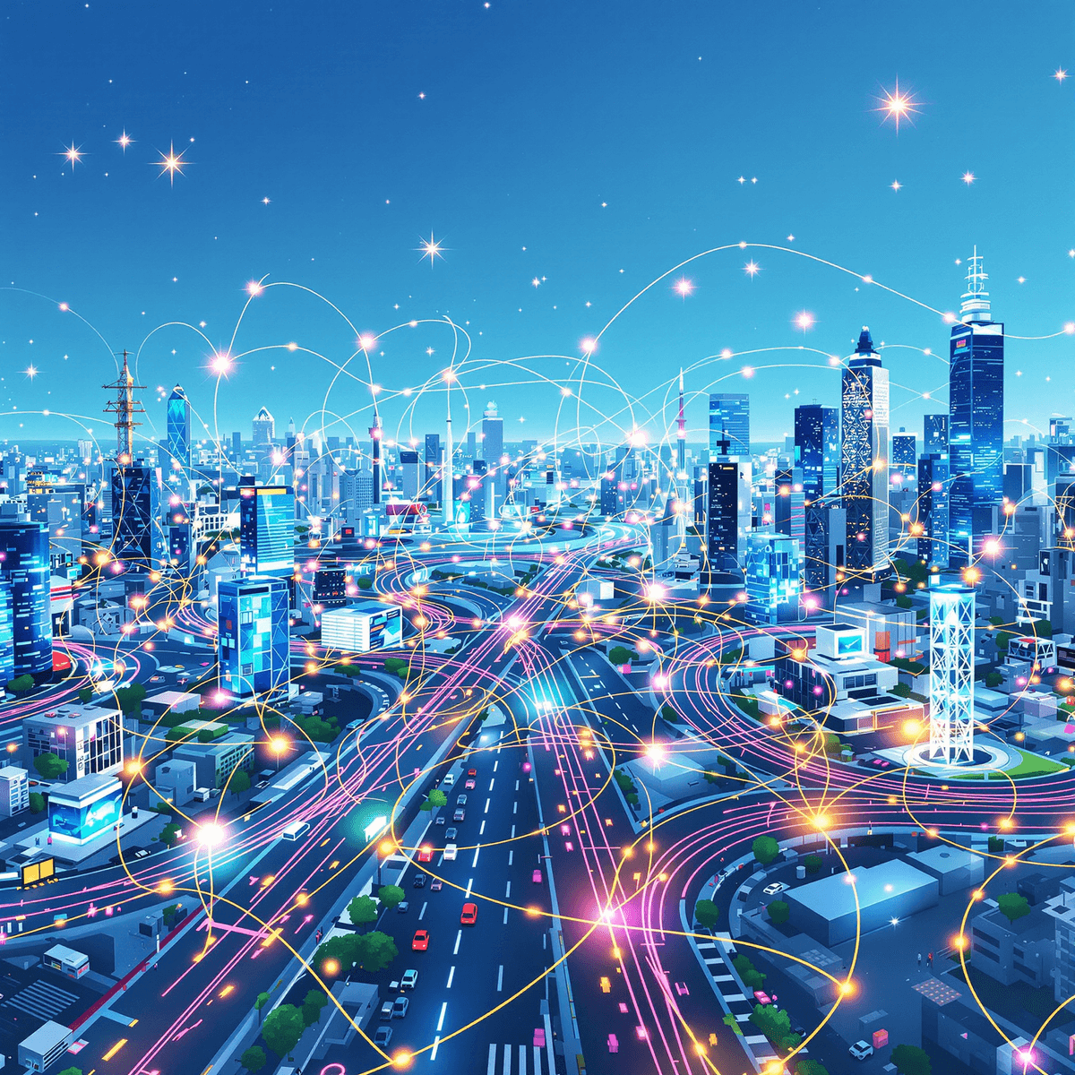 A vibrant cityscape with interconnected roads and glowing lines symbolizing data transfer, surrounded by devices like computers and smartphones against a clear blue sky.