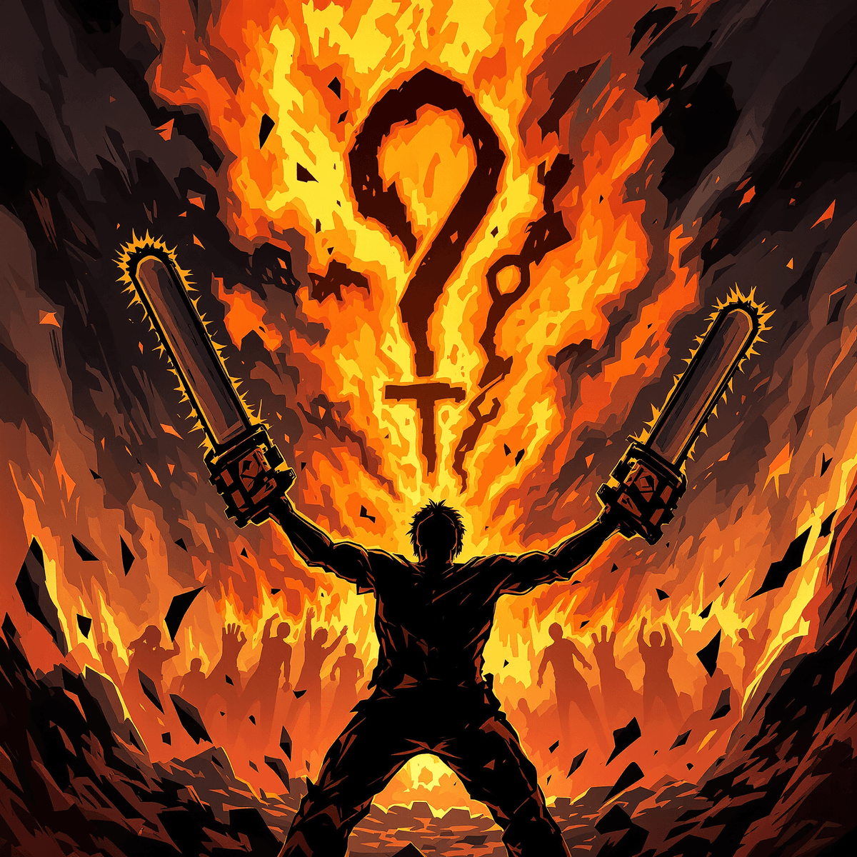Silhouette of a young man with chainsaws for arms against a fiery, abstract background symbolizing conflict and intense supernatural battle in cartoon style.