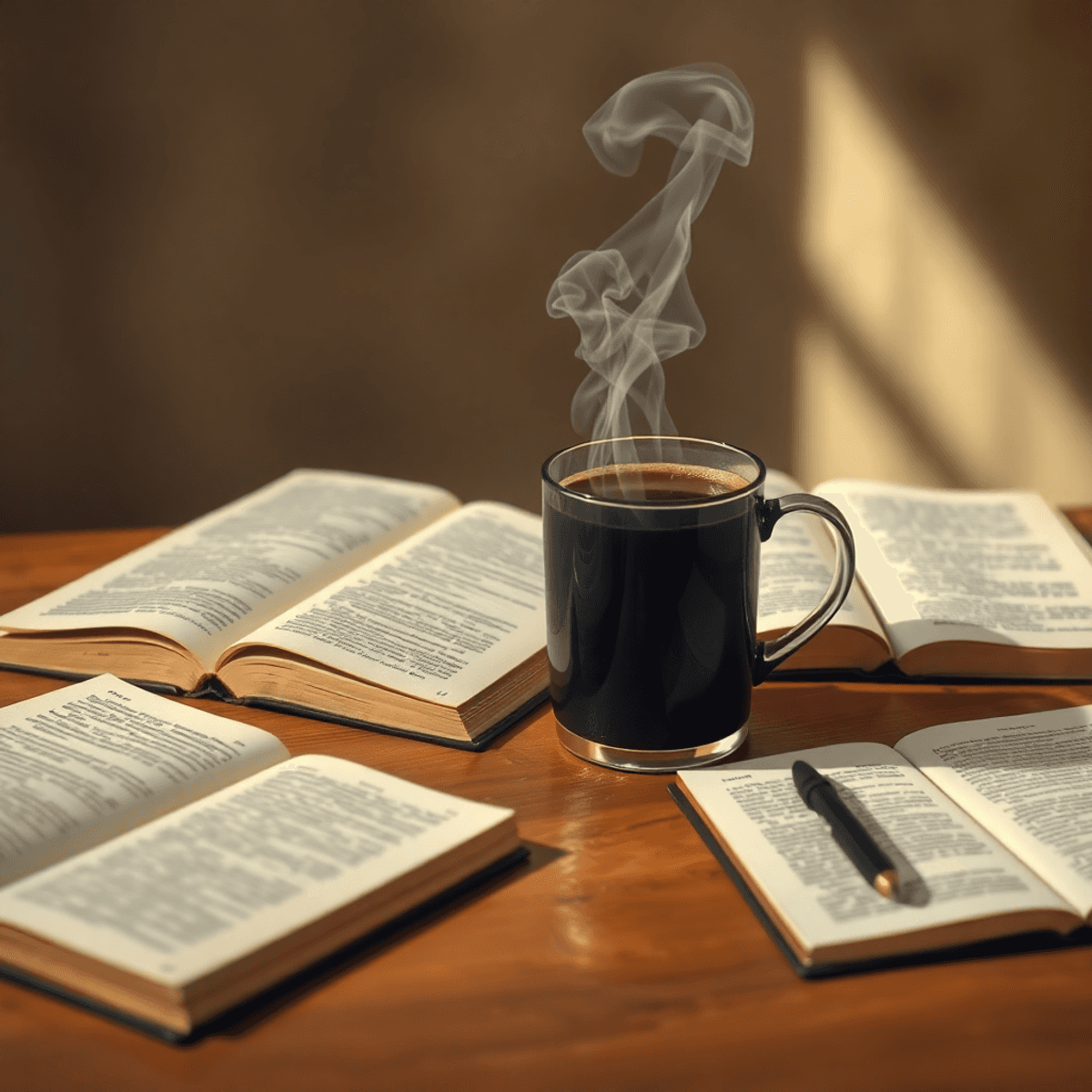 Café: Seu Aliado nos Estudos para o Vestibular e Enem 1 Uma xícara de café fumegante sobre uma mesa, rodeada por livros abertos e anotações, em um ambiente acolhedor e inspirador para o aprendizado.