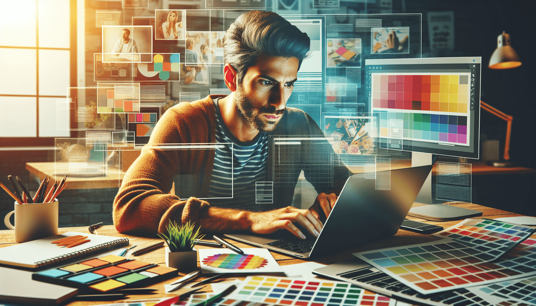 A Hispanic web designer intently working on a laptop, surrounded by colorful design tools like color swatches and layout drafts, with the laptop screen displaying vibrant placeholder images, creating an atmosphere of dedication and creativity.