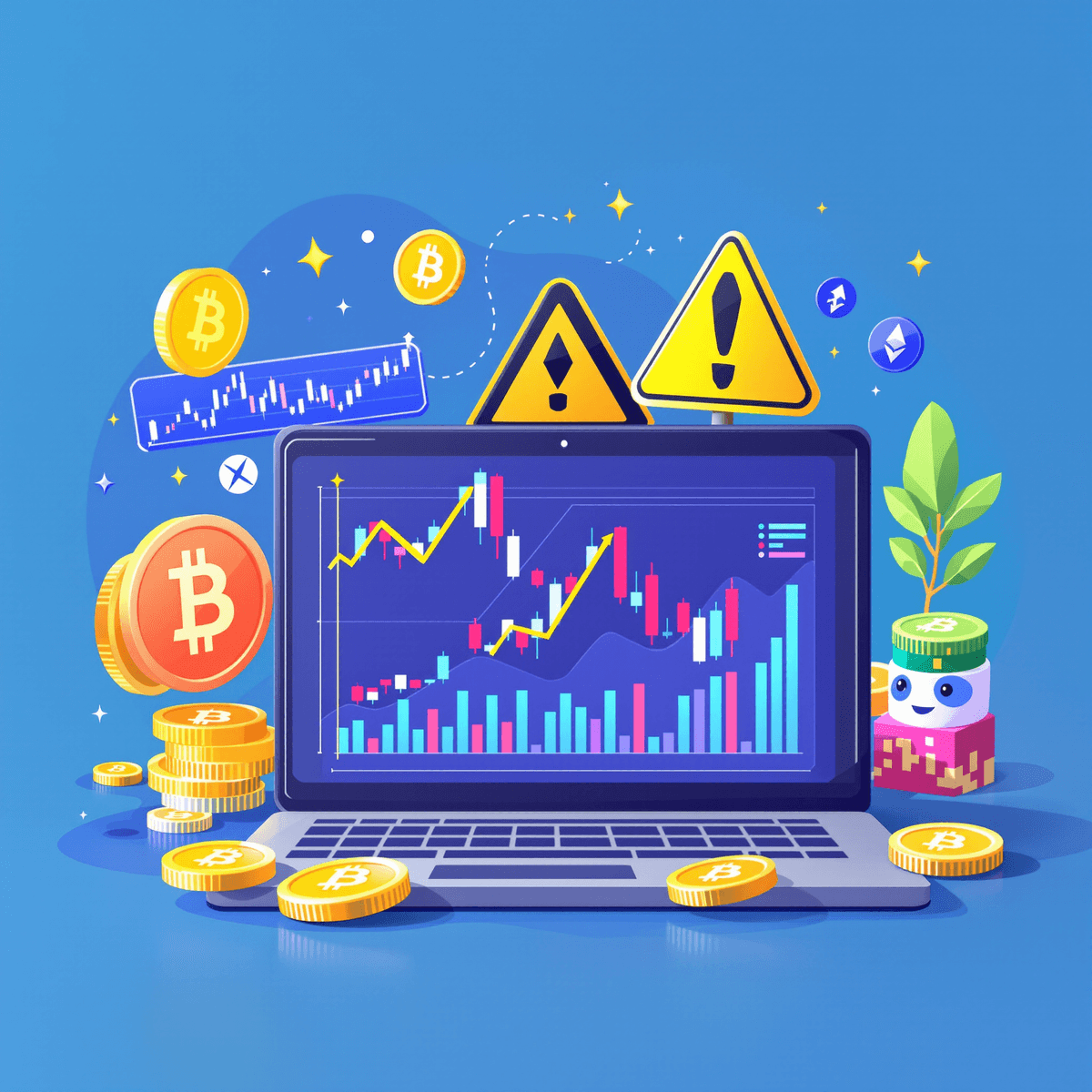 A laptop with financial graphs and cryptocurrency coins like Bitcoin and Ethereum, accompanied by a subtle caution sign, in a bright and engaging color scheme.