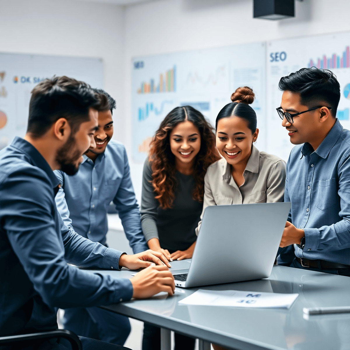 A group of marketers collaborating around a laptop in a modern office, discussing strategies with SEO tools visible on the screen, surrounded by charts and graphs.