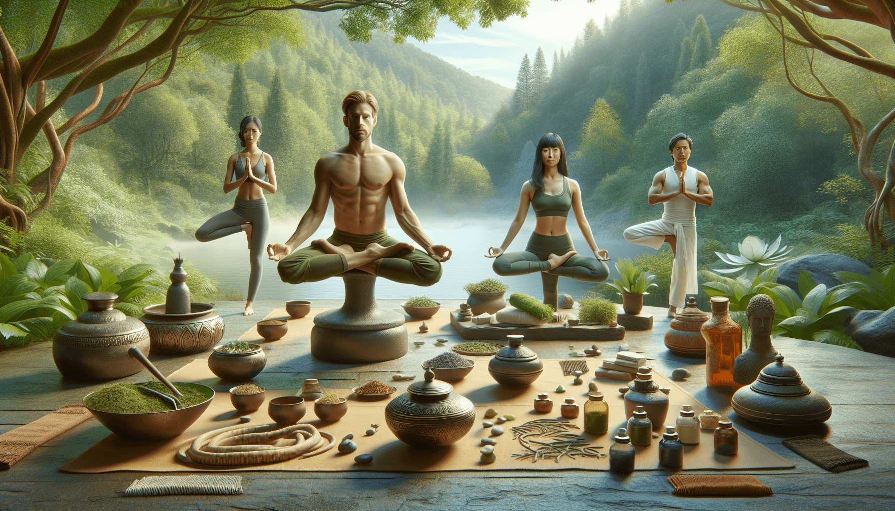 Guidelines for Franchisee 1 A serene wellness center surrounded by lush greenery, featuring a Caucasian man in lotus pose, an Asian woman in tree pose, and a Hispanic man stretching in yoga. They are practicing yoga and meditation together, embodying unity in wellness. Scattered around are jars of Ayurvedic herbs, bowls of natural remedies, and symbolic artifacts representing ancient Indian medical sciences, all contributing to a strong sense of holistic health in the tranquil setting.