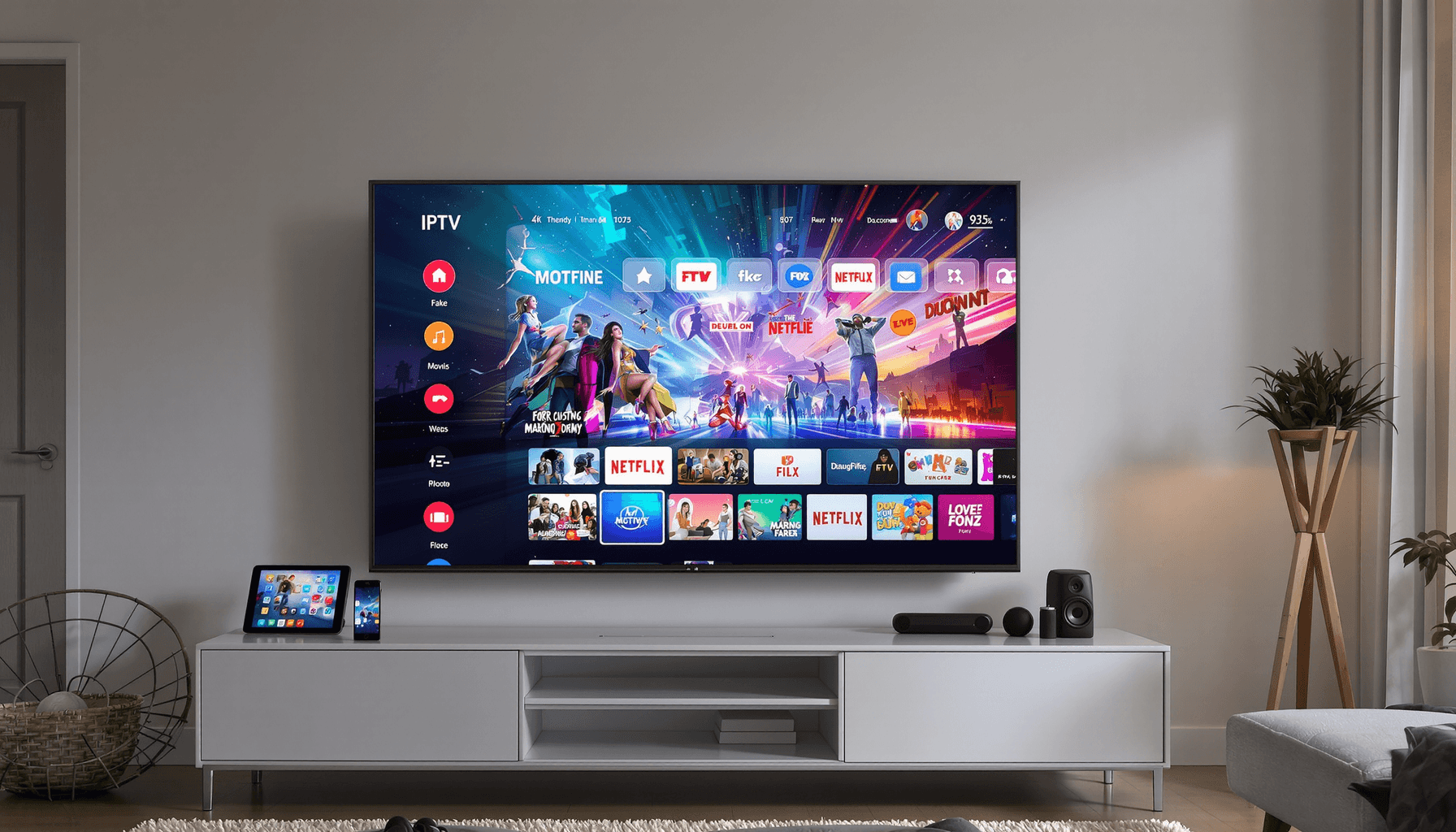 Modern living room with a large 4K TV showing vibrant IPTV content, surrounded by tablets and smartphones, highlighting high-quality internet-based TV in 2025.