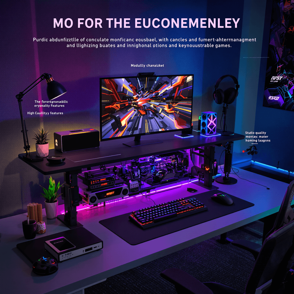 A modern gaming setup with a height-adjustable desk, organized cable management, high-performance keyboards and mice, and vibrant studio-quality audio equipment.
