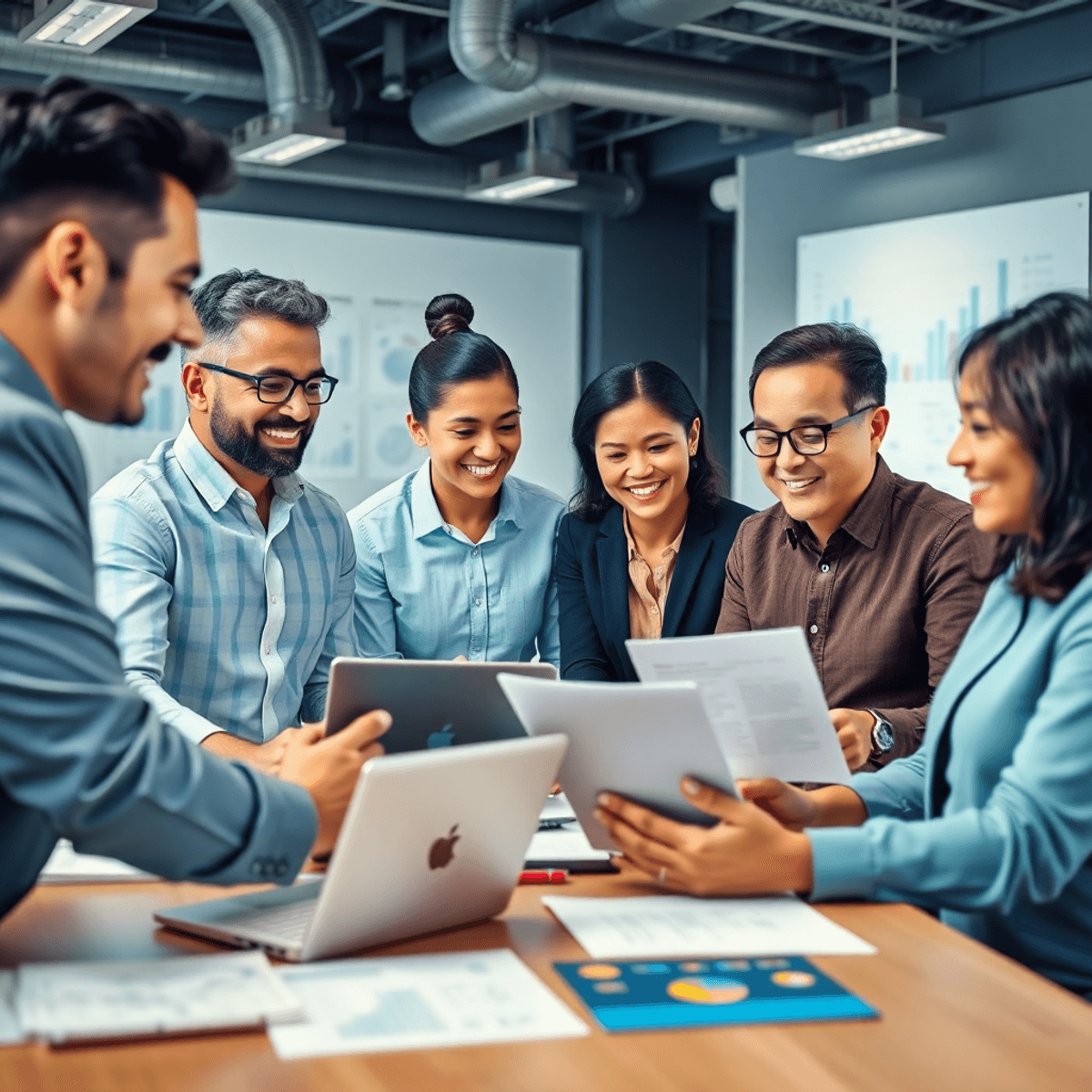 A diverse group of self-employed individuals collaborates in a modern office, discussing laptops and financial documents, with charts on the wall symbolizing financial empowerment.