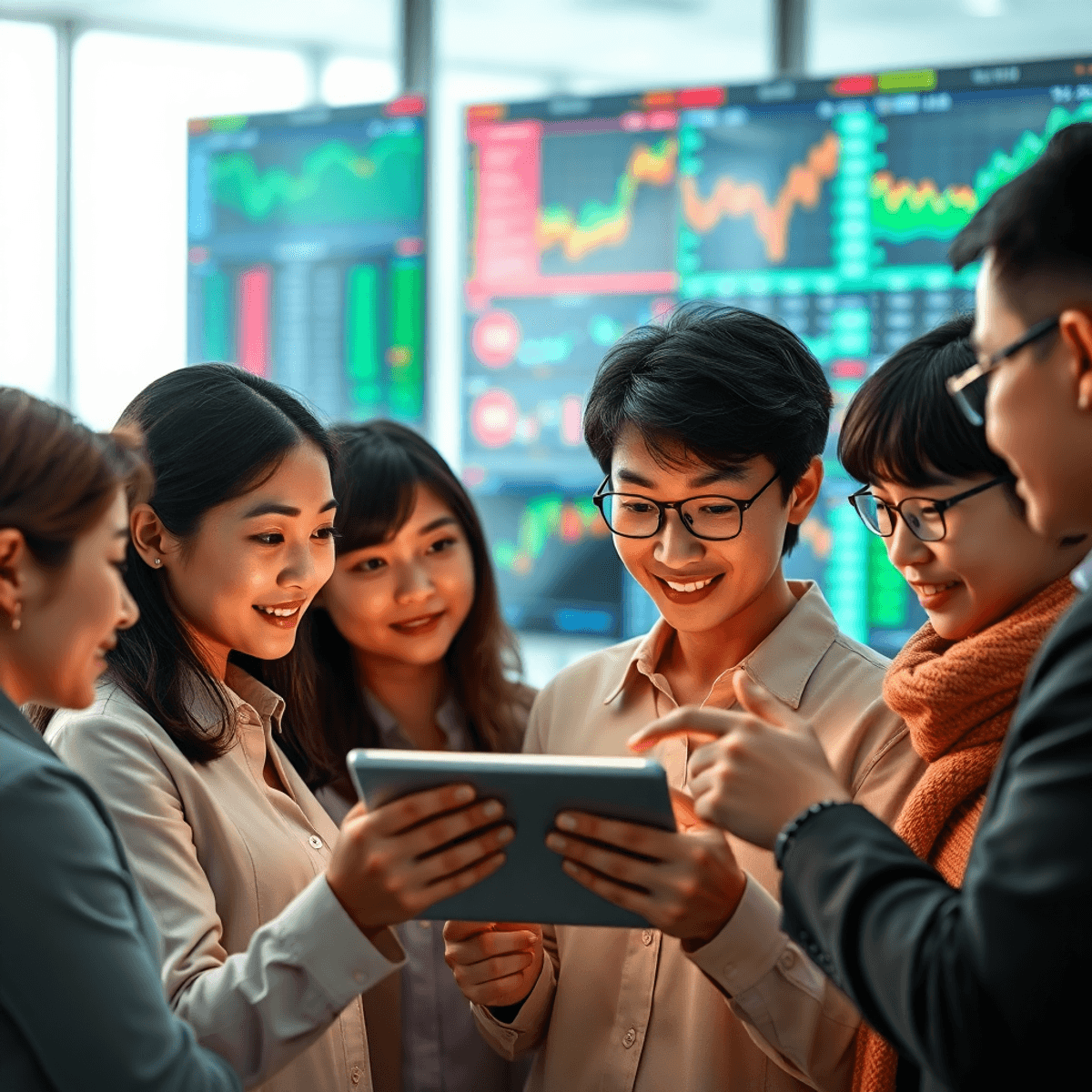 A group of individuals intently examining stock market charts on a tablet, set in a modern office with financial displays in the background, conveying curiosity and determination.
